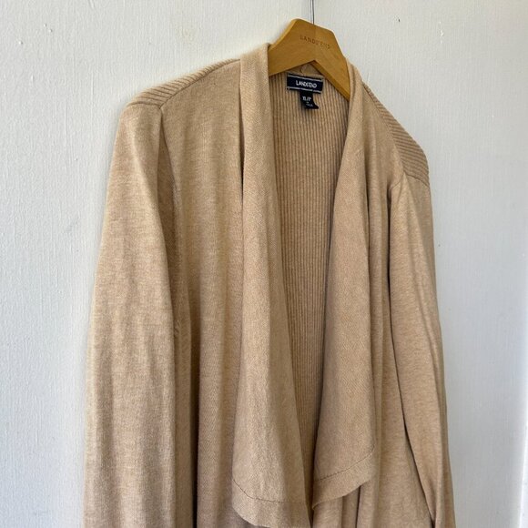 Lands End Cardigan Womens XL Beige Open Front Minimalist Classic Knit Sweater - Picture 2 of 5
